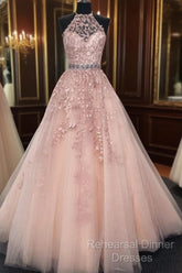 High Neck Pink Lace Semi Formal Prom Dresses, Pink Lace Formal Evening Graduation Dresses